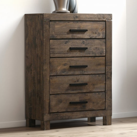 Wooden Chest with 5 Drawers and Grain Details, Brown By Casagear Home