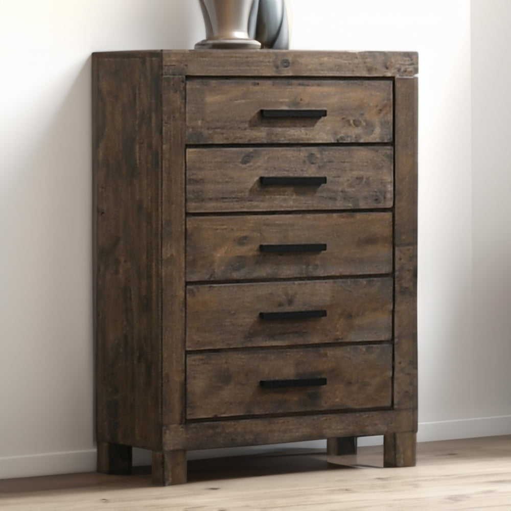 Wooden Chest with 5 Drawers and Grain Details, Brown By Casagear Home