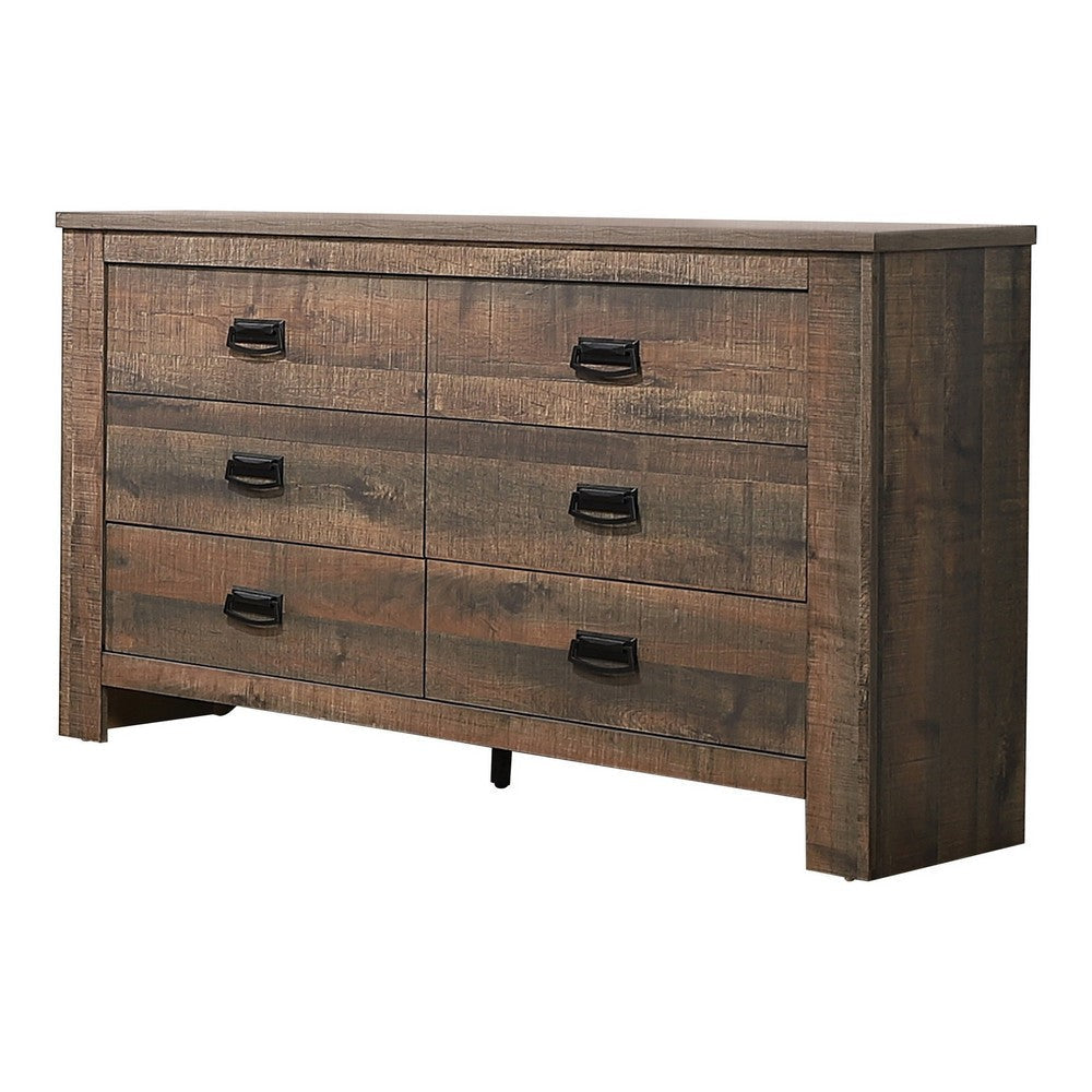 Wooden Dresser with 6 Drawers and Saw Hewn Texture, Brown By Casagear Home