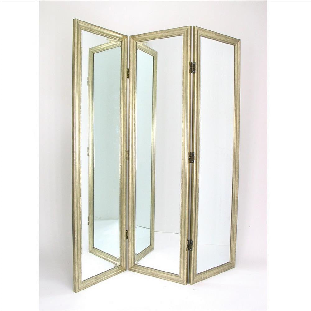 Full Size Dressing Screen with 3 Panel Resin Frame and Mirror Inserts, Gold By Casagear Home