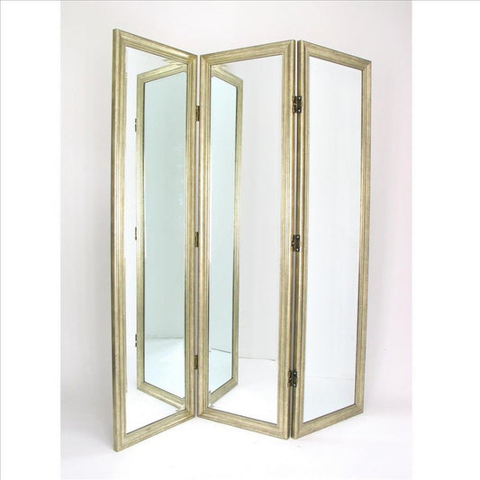 Full Size Dressing Screen with 3 Panel Resin Frame and Mirror Inserts, Gold By Casagear Home