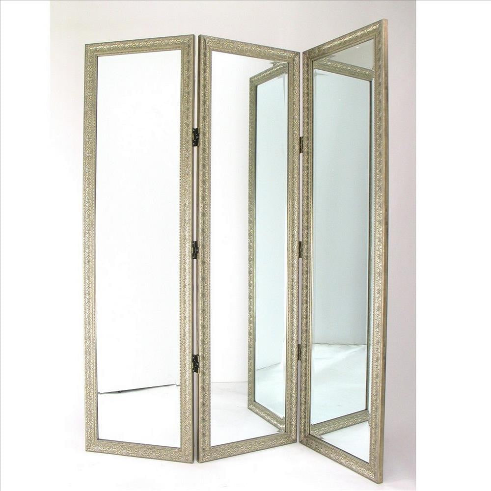 Liora Dressing Screen | 3 Panel Engraved Frame | Full Size | Gold