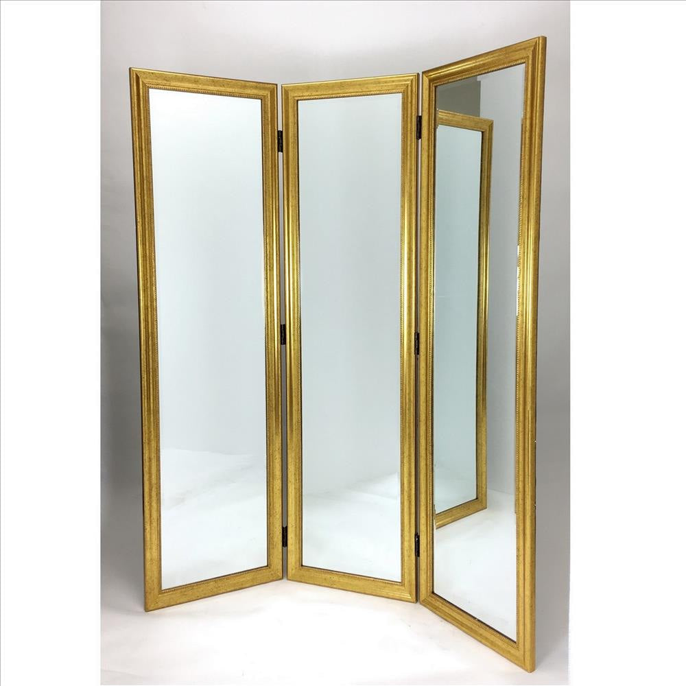 Full Size Dressing Screen with 3 Panel Resin Frame and Mirrors, Gold By Casagear Home