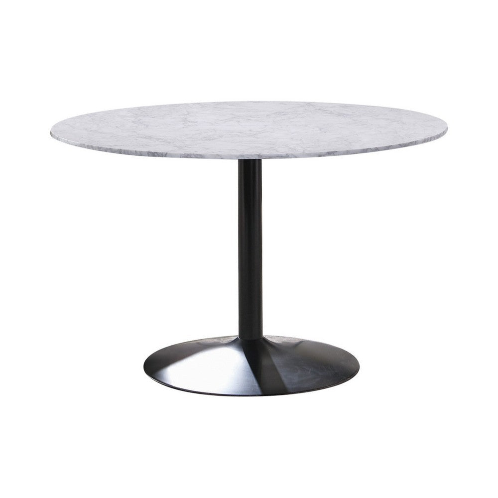 Dining Table with Marble Top and Metal Flared Base, White and Black By Casagear Home