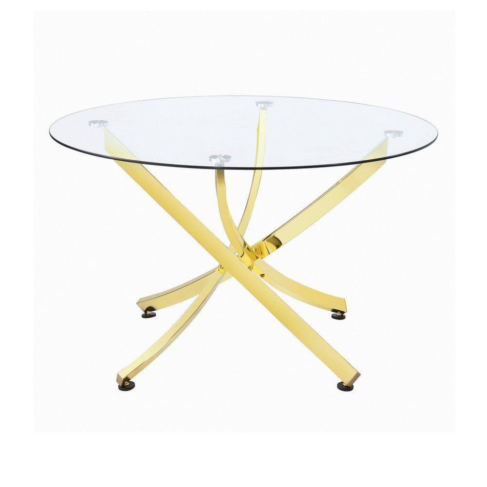 Dining Table with Glass Top and Curved Design Metal Base, Gold By Casagear Home