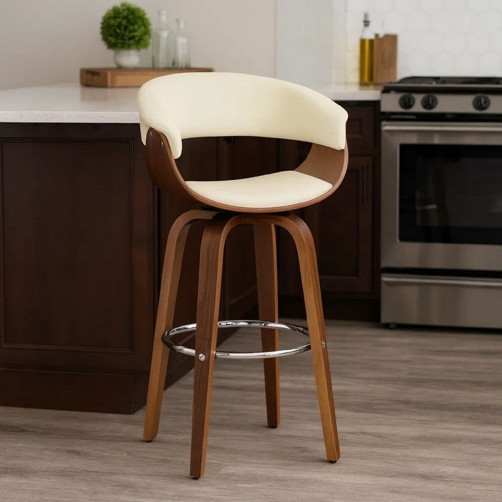 Barstool with Counter Open Design and Wooden Legs, Cream and Brown