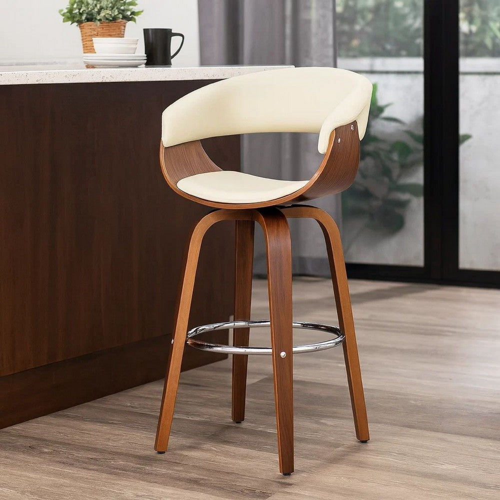 Barstool with Counter Open Design and Wooden Legs, Cream and Brown