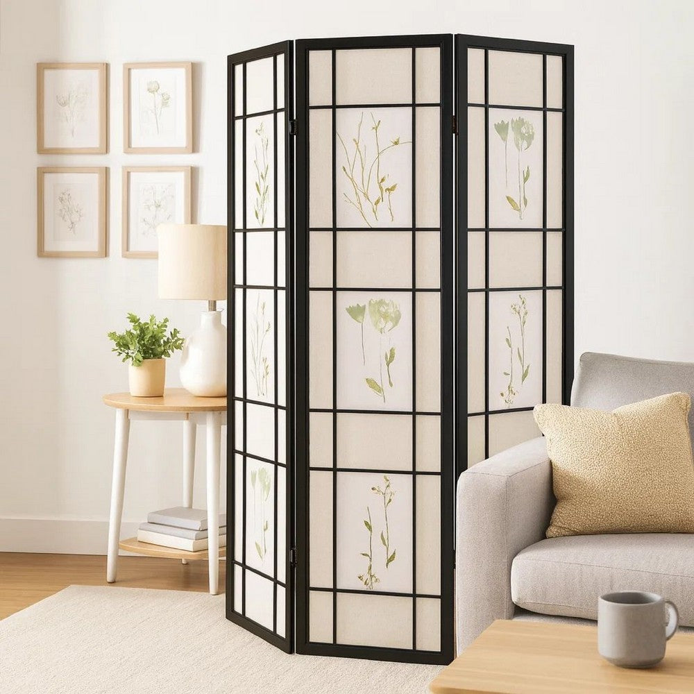 Milo Screen | 4 Panel | Floral Print | Wood Frame | Black