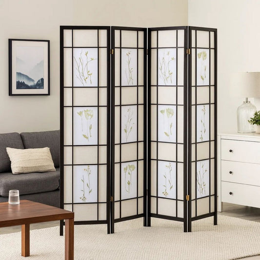 Milo Screen | 4 Panel | Floral Print | Wood Frame | Black