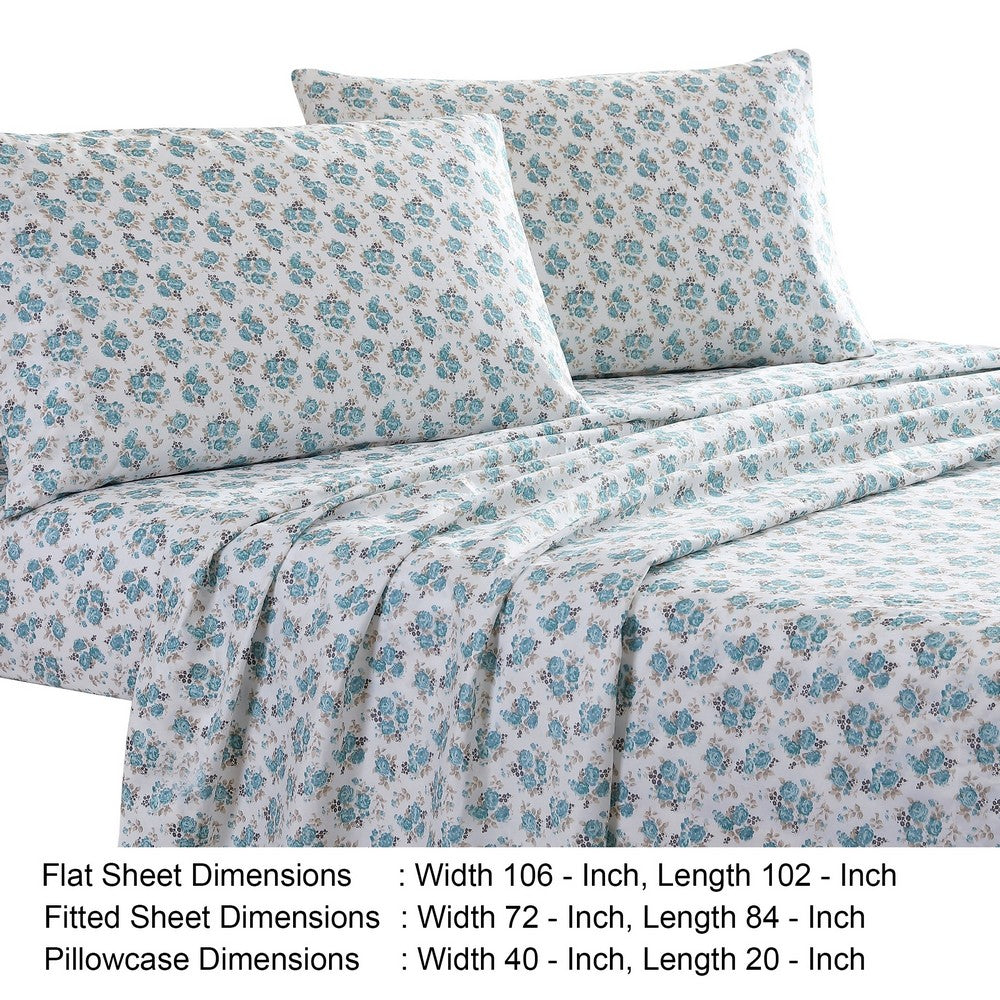 Veria 4 Piece Rose Print California King Bedsheet Set The Urban Port, White and Blue By Casagear Home