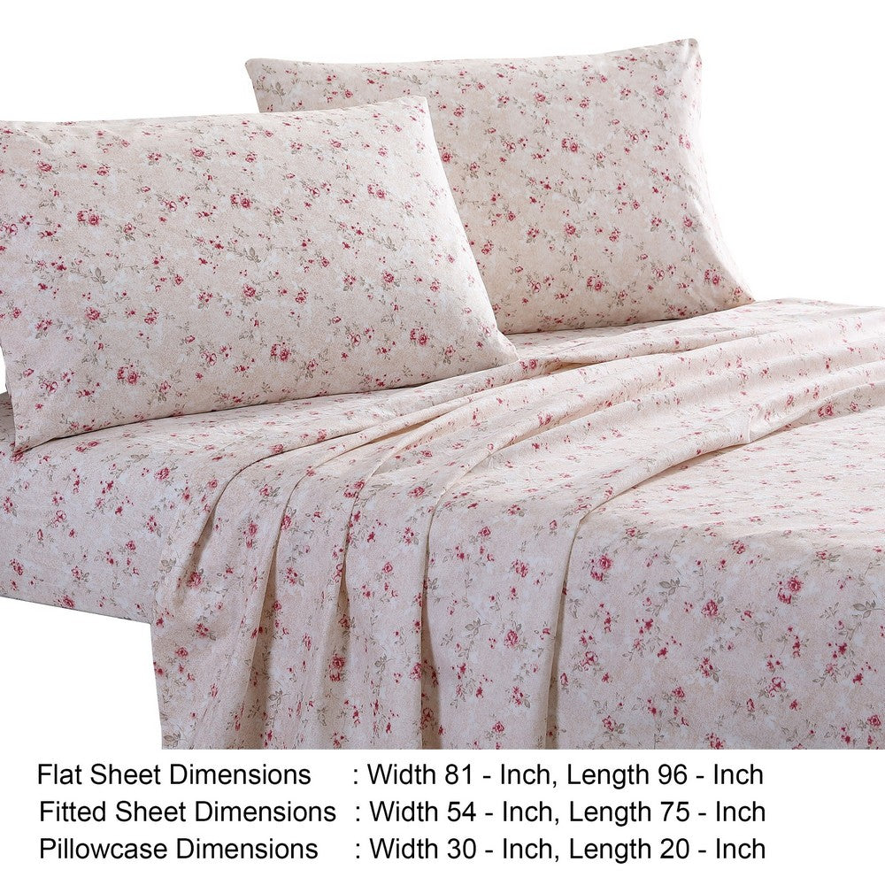 Veria 4 Piece Full Bedsheet Set with Floral Print The Urban Port, Pink By Casagear Home