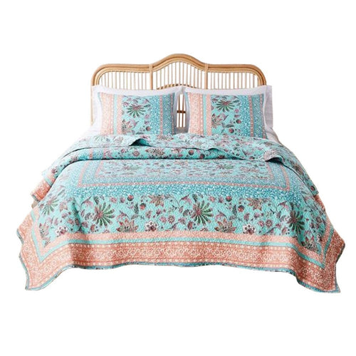 Veria 3 Piece Full/Queen Quilt Set | Floral Print | Blue | White