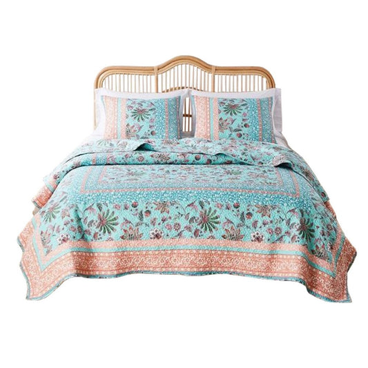 Veria 3 Piece Full/Queen Quilt Set | Floral Print  | Blue | White