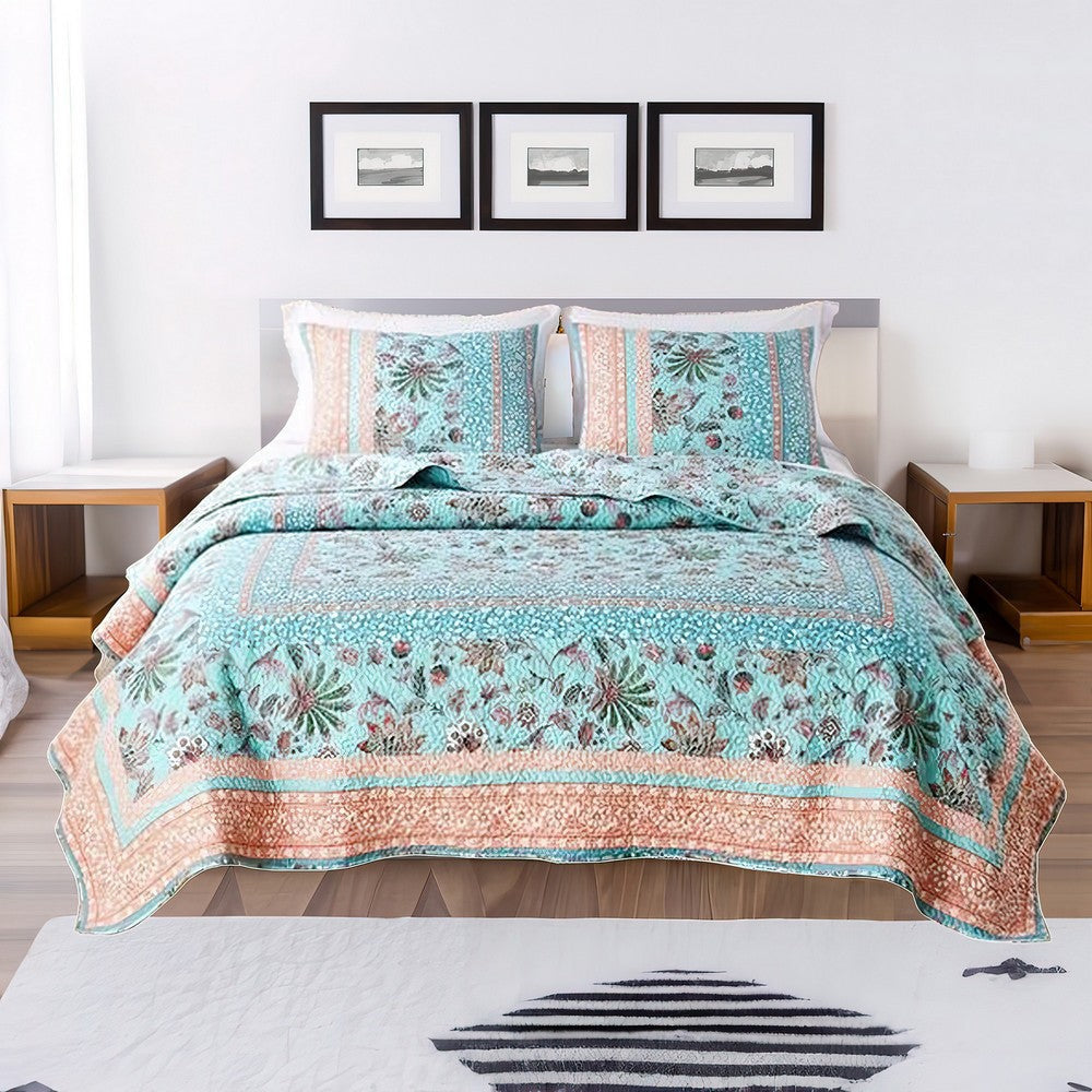 3 Piece Full Queen Quilt Set with Floral Print Blue and White By Casagear Home BM245652