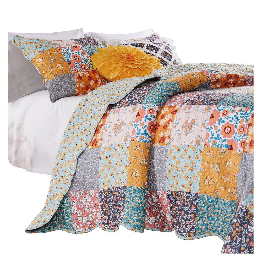 2 Piece Twin Quilt Set with Floral Print, Multicolor By Casagear Home