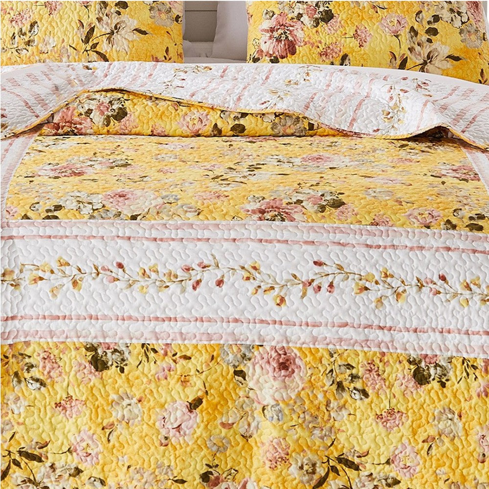 3 Piece Full Queen Quilt Set with Floral Print, Yellow By Casagear Home