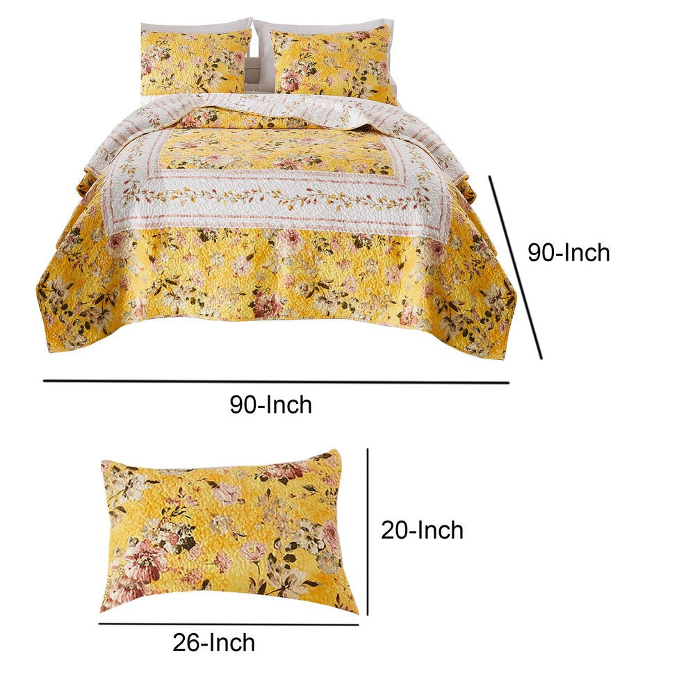 3 Piece Full Queen Quilt Set with Floral Print, Yellow By Casagear Home