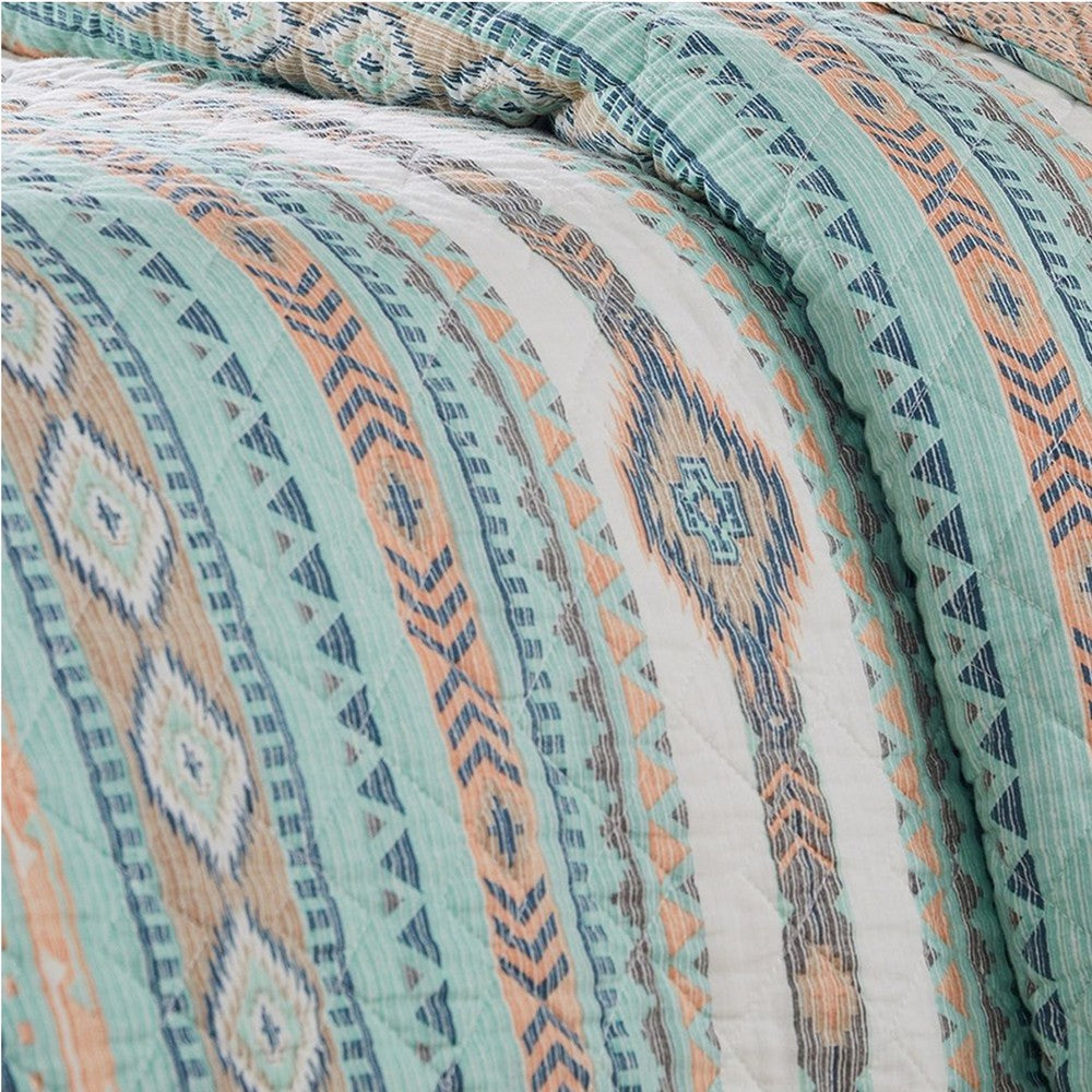 3 Piece Full Queen Quilt Set with Geometric Pattern, Blue By Casagear Home