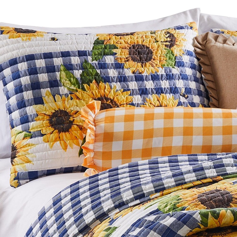 3 Piece King Quilt Set with Sunflower Print, Yellow By Casagear Home