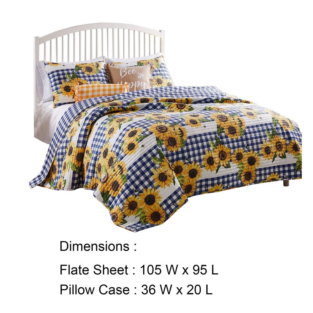 3 Piece King Quilt Set with Sunflower Print, Yellow By Casagear Home