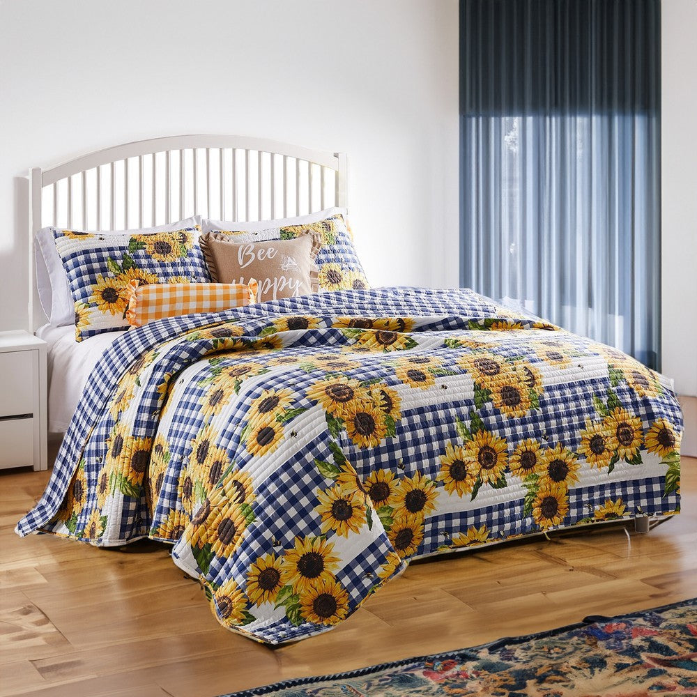 3 Piece King Quilt Set with Sunflower Print, Yellow By Casagear Home