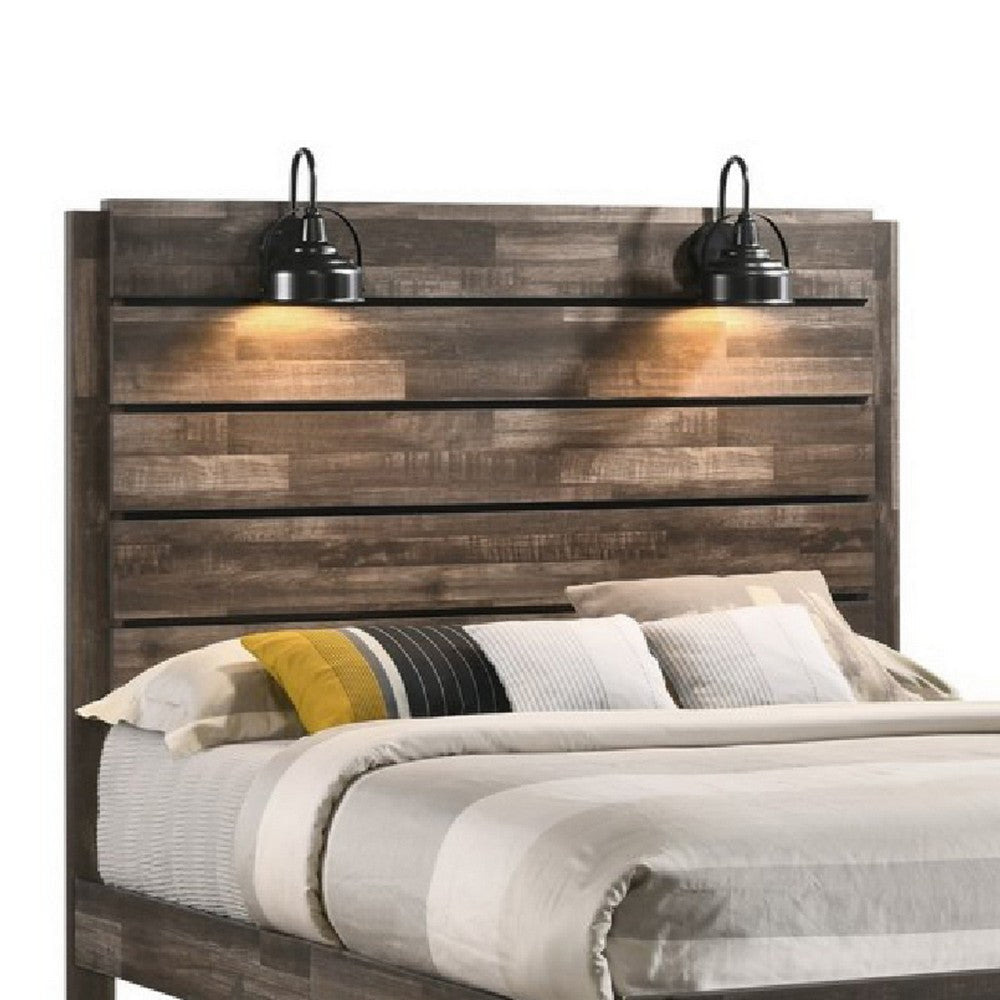 Queen Bed with Rustic Heavy Grain Details and 2 Attached Lanterns Brown BM245795