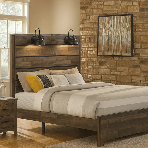 Queen Bed with Rustic Heavy Grain Details and 2 Attached Lanterns, Brown