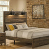 Queen Bed with Rustic Heavy Grain Details and 2 Attached Lanterns, Brown