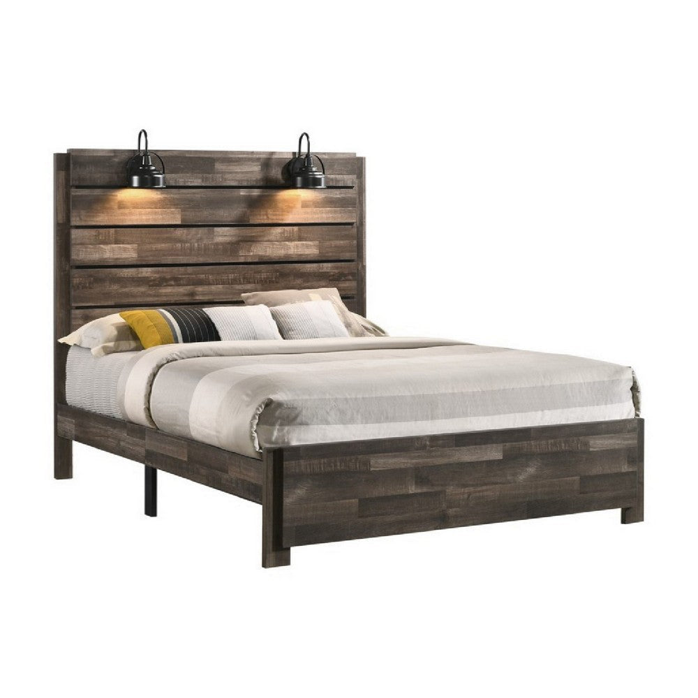 Queen Bed with Rustic Heavy Grain Details and 2 Attached Lanterns, Brown