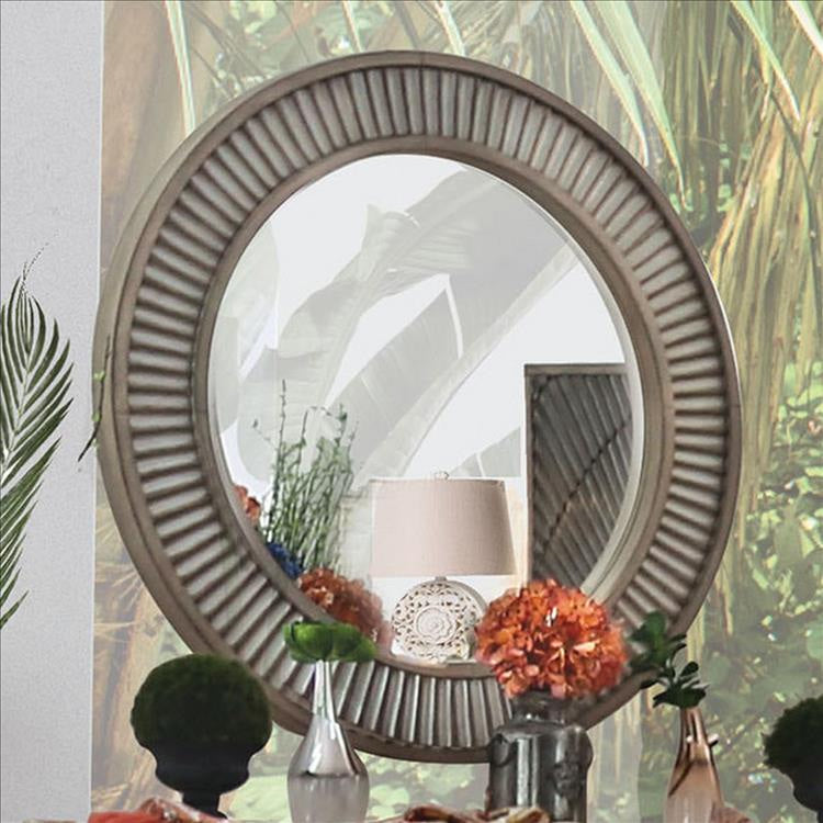 Wall Mirror with Round Reeded Design Wooden Frame, Antique Gray