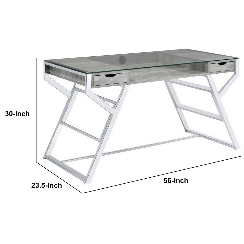 Glass Top Writing Desk with 2 Drawers Gray and Chrome By Casagear Home BM245875