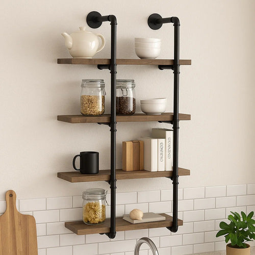 Milo Wall Shelf | 4 Tier | Piped Metal Frame | Brown | Black