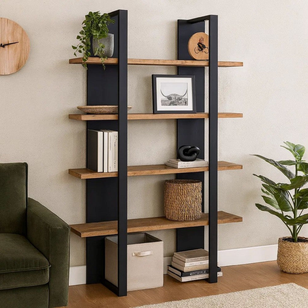 Milo Bookcase | 4 Tier Shelves | Wood Frame | Brown | Black