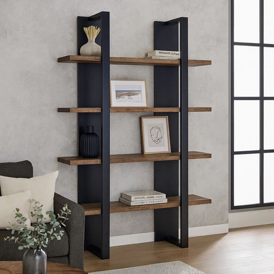 Milo Bookcase | 4 Tier Shelves | Wood Frame | Brown | Black