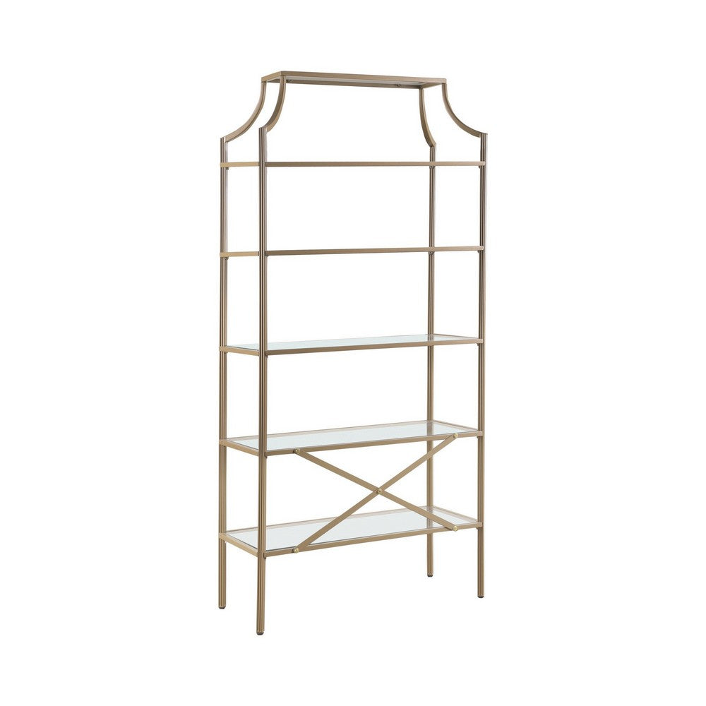 Bookcase with 5 Tempered Glass Shelves and Metal Frame, Gold By Casagear Home