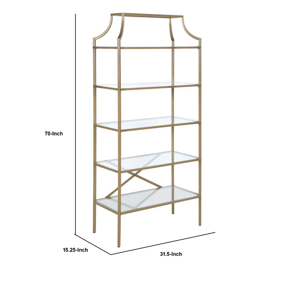 Cleo Bookcase | 5 Glass Shelves | Metal Frame | Gold