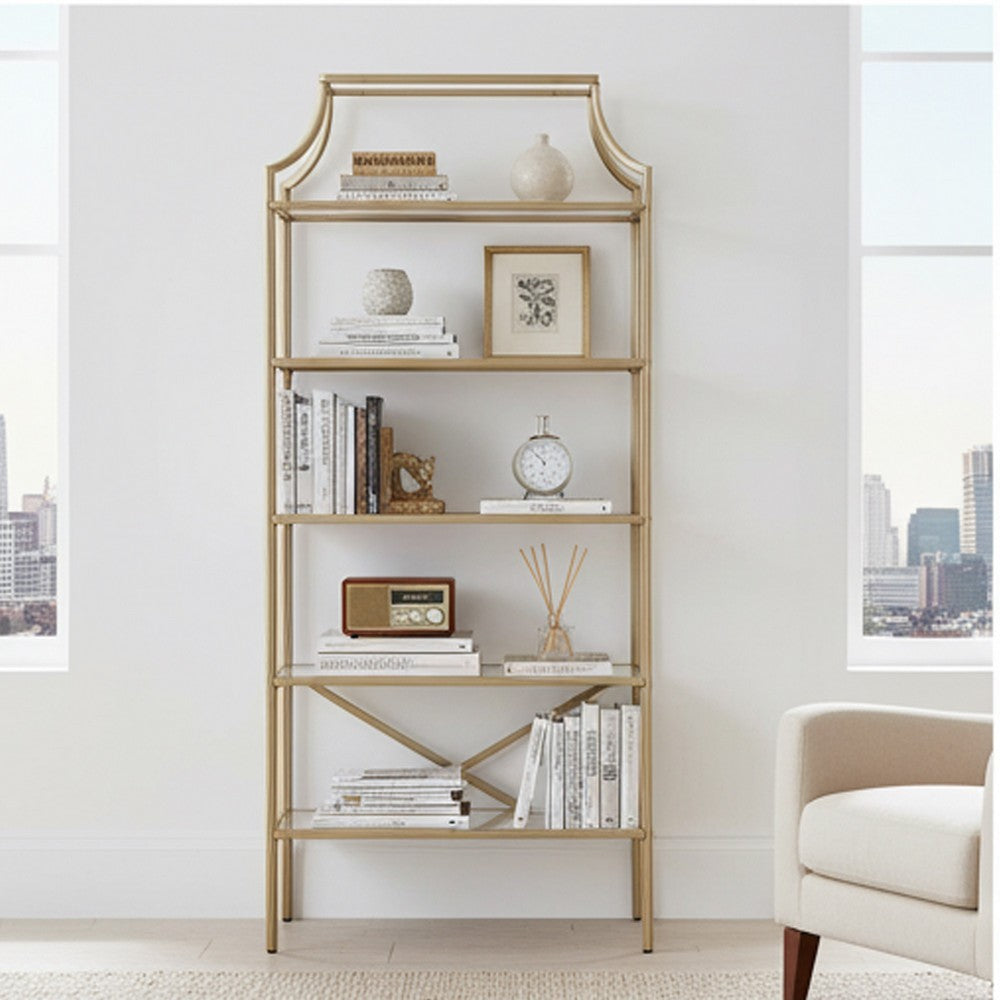 Cleo Bookcase | 5 Glass Shelves | Metal Frame | Gold