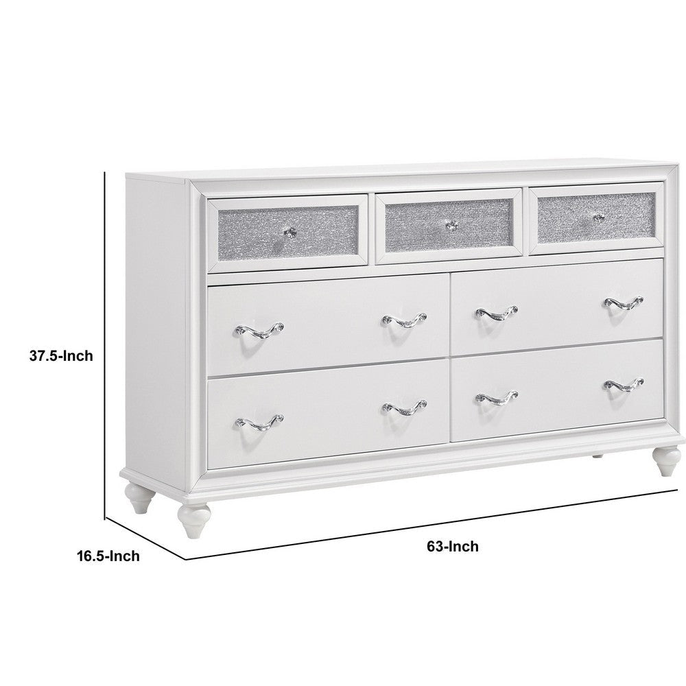 Dresser with 7 Drawers and Glitter Acrylic Front White By Casagear Home BM246084