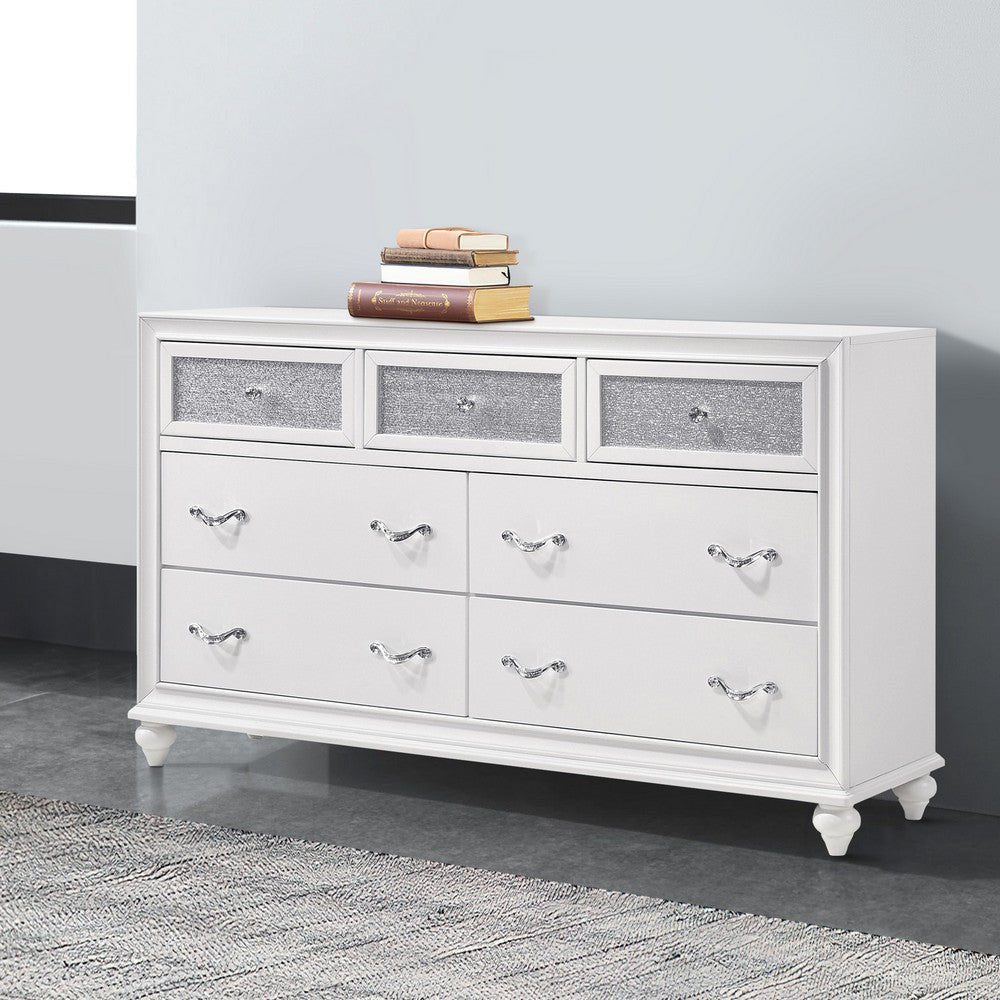 Dresser with 7 Drawers and Glitter Acrylic Front White By Casagear Home BM246084