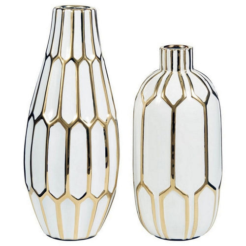 Liora 2 Piece Vase Set | Honeycomb Design | White | Gold