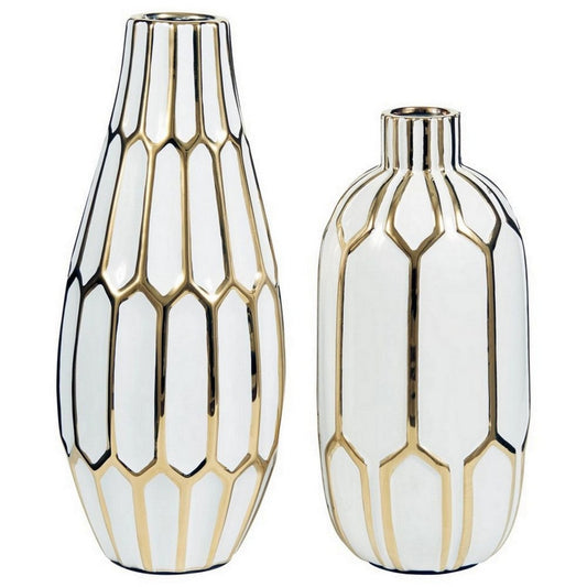 Liora 2 Piece Vase Set | Honeycomb Design | White | Gold