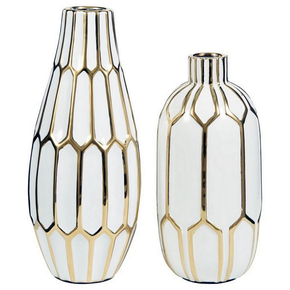 Liora 2 Piece Vase Set | Honeycomb Design | White | Gold