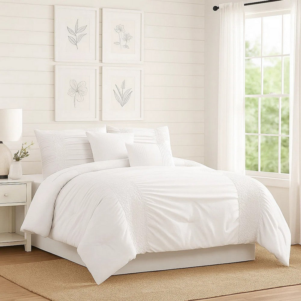 Veria 4 Piece Twin Comforter Set | Ruching Details | White