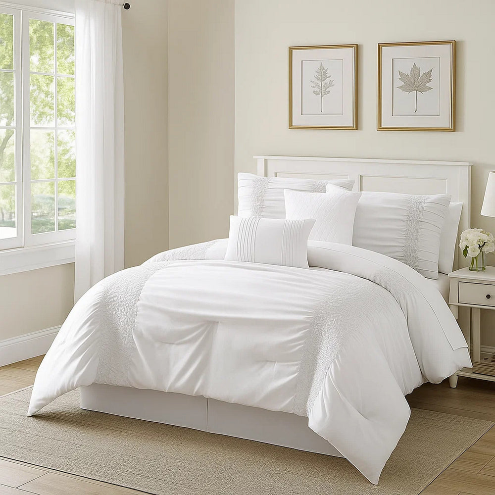 Veria 4 Piece Twin Comforter Set | Ruching Details | White