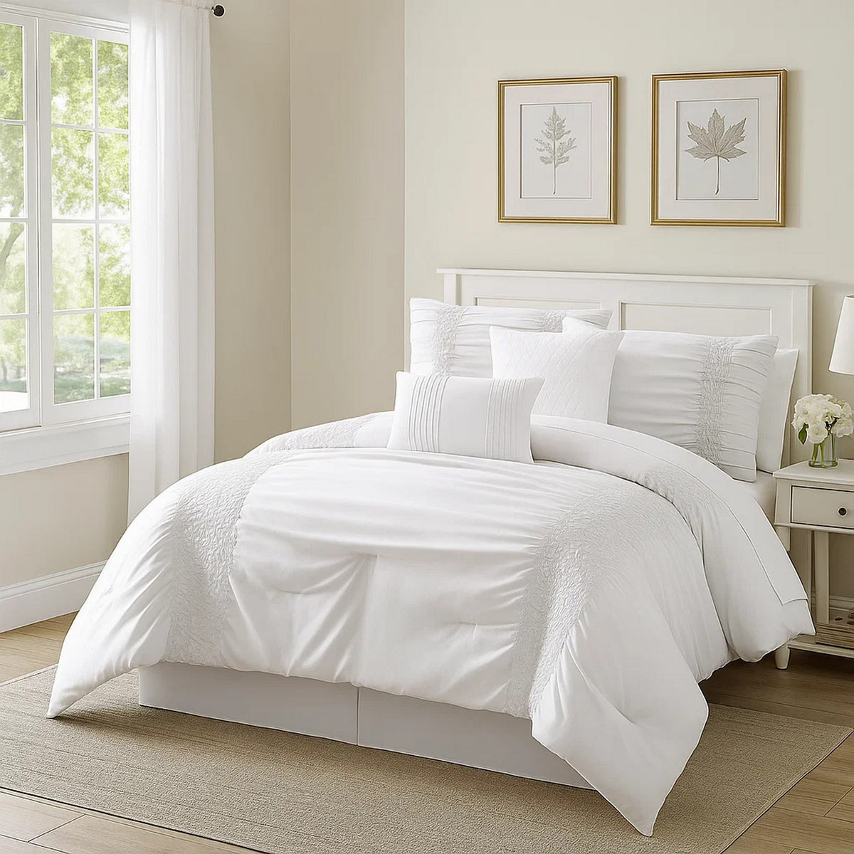 Veria 4 Piece Twin Comforter Set | Ruching Details | White