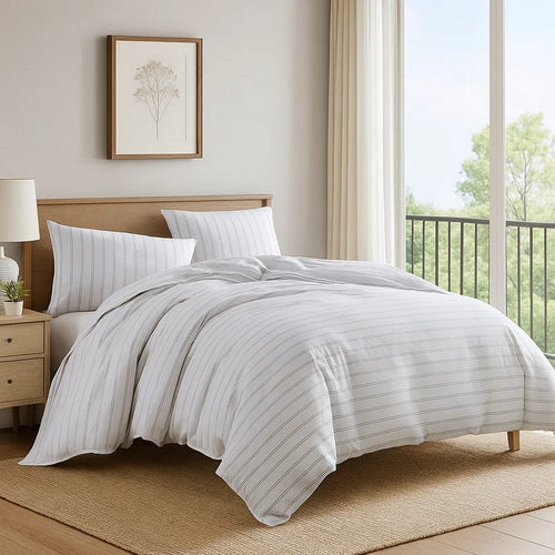 Veria 3 Piece King Comforter Set | Pinstripe Pattern | White | Black