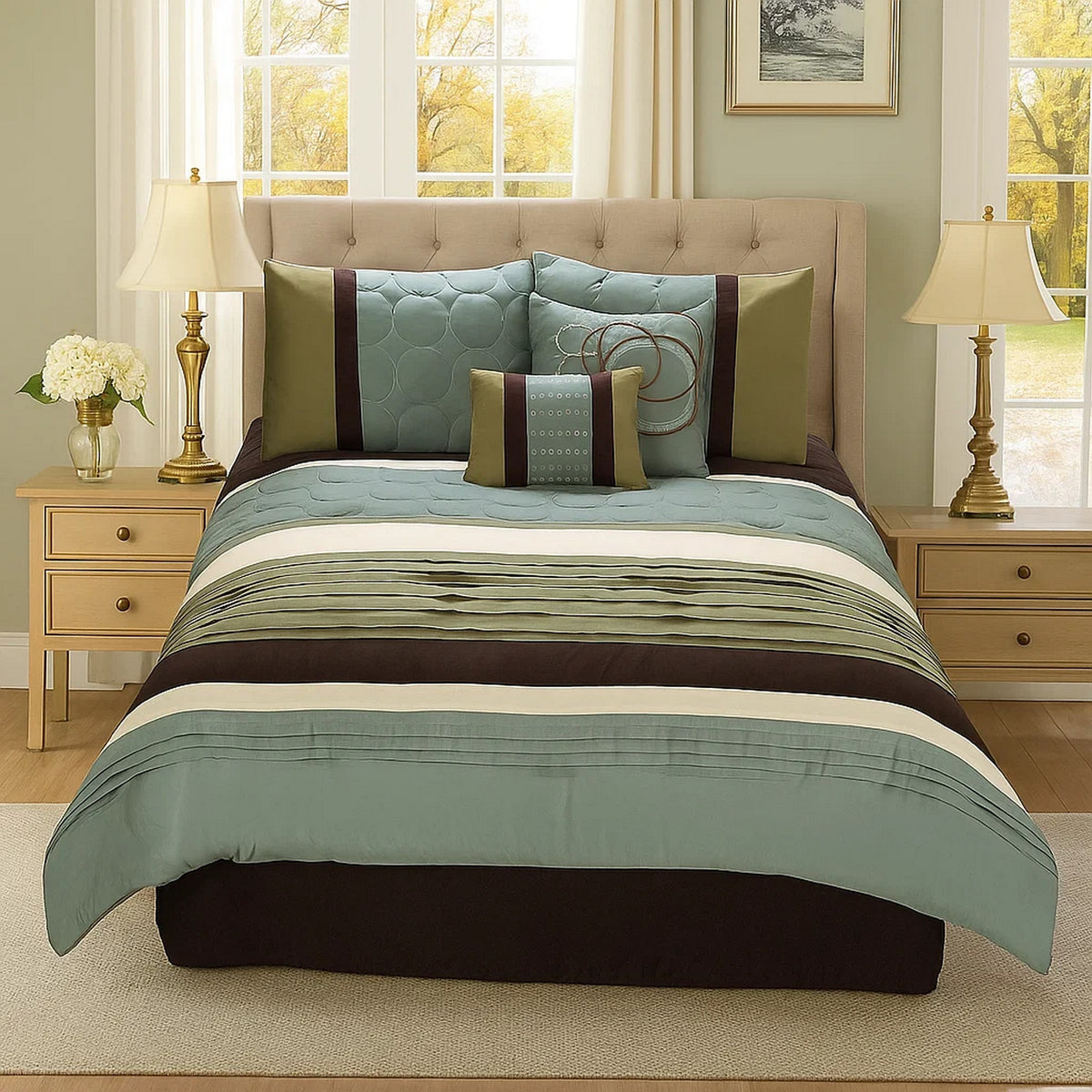 Veria 6 Piece King Comforter Set | Pleats | Embroidery | Green | Blue