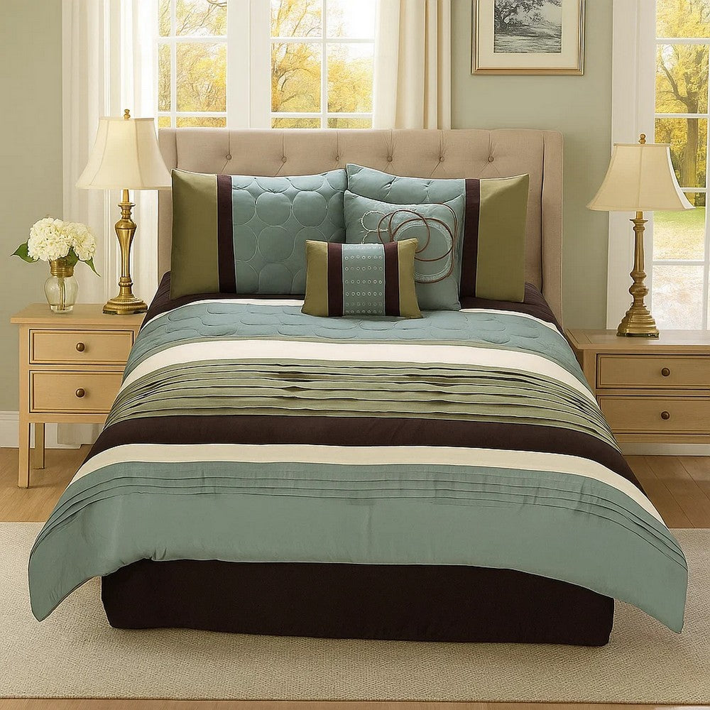 Veria 6 Piece King Comforter Set | Pleats | Embroidery | Green | Blue