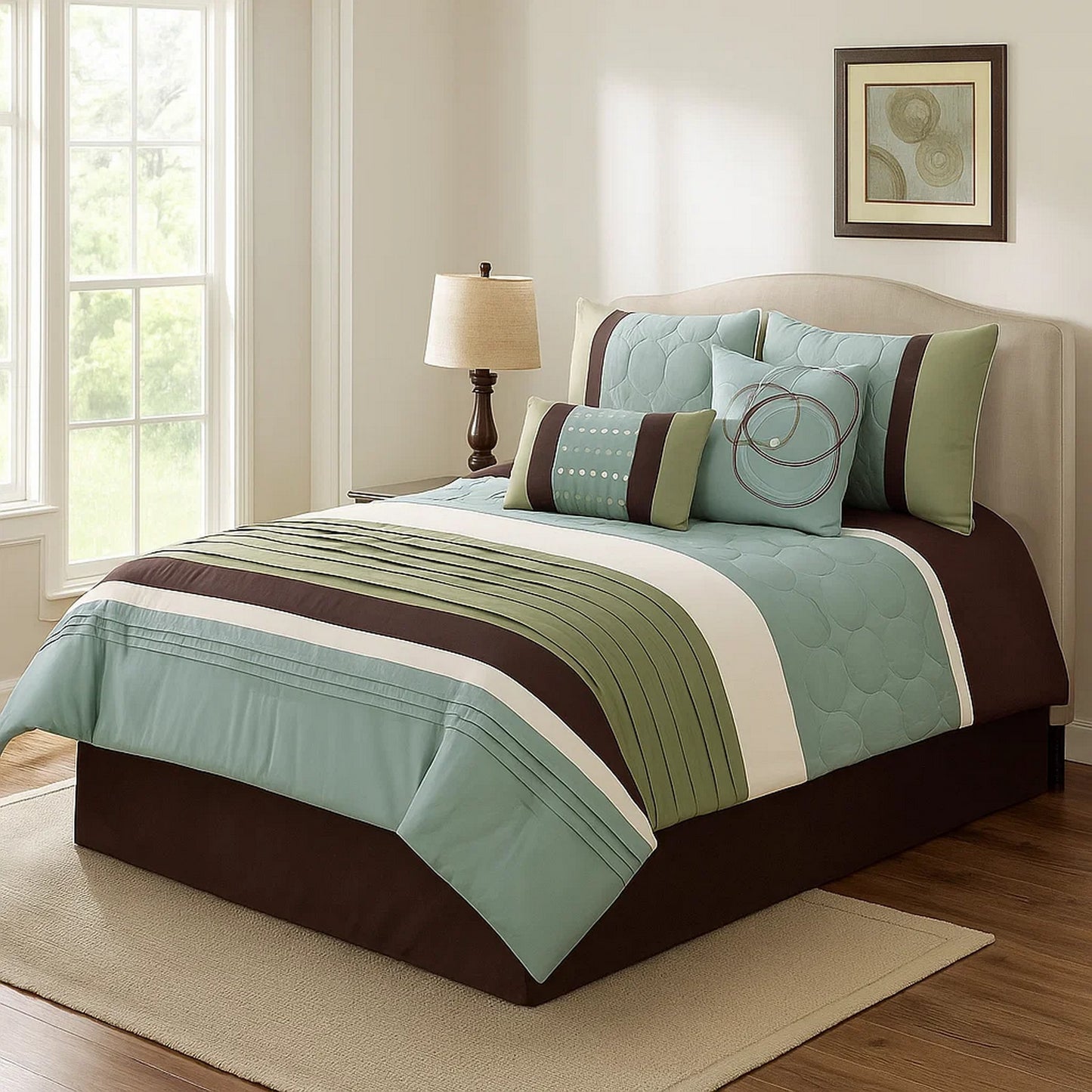 Veria 6 Piece King Comforter Set | Pleats | Embroidery | Green | Blue