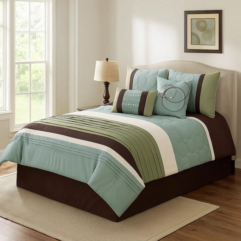 Veria 6 Piece King Comforter Set | Pleats | Embroidery | Green | Blue